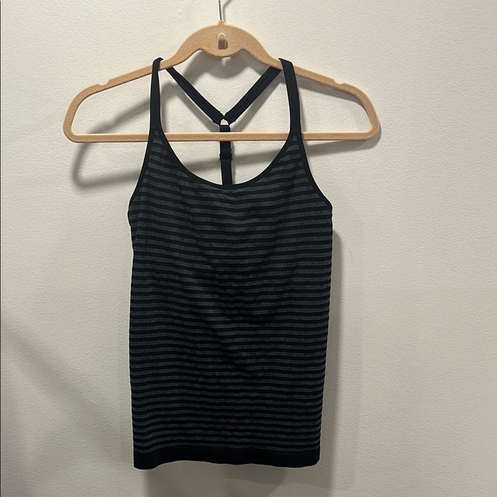Athleta Up Tempo Fitted T-Back Tank Black/Gray Striped Medium